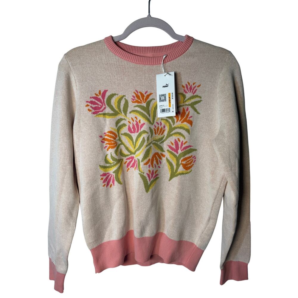 PUMA x Dani Dazey Floral Knit Crewneck Sweater Warm Blanc Women's Small NWT
